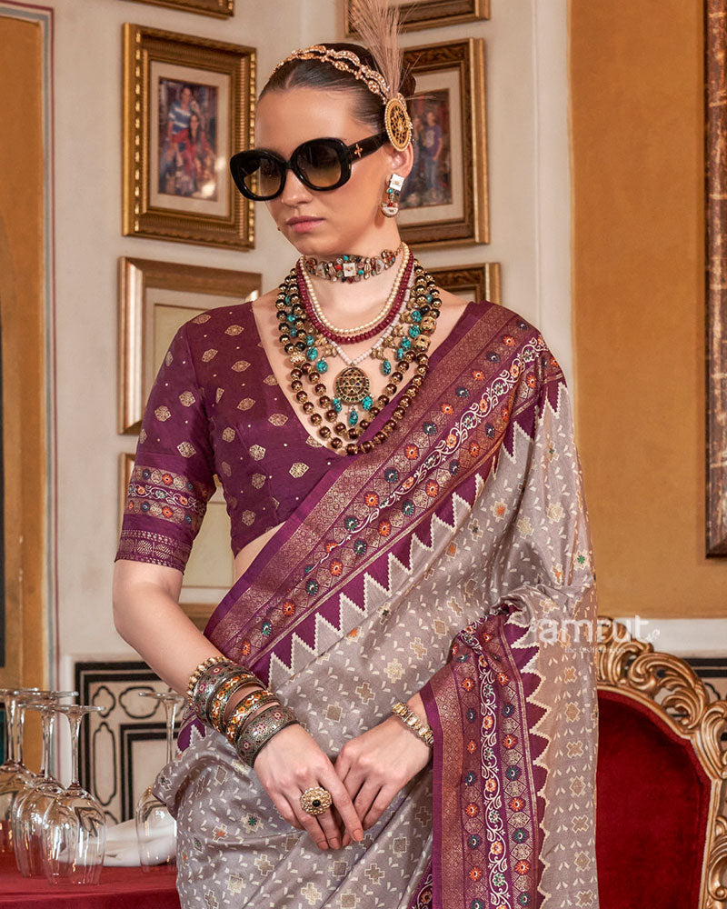 Light Gray with Purple Floral Motifs Printed Border Saree and Unstitched Blouse 02