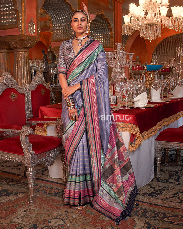 Light Grayish Purple Kanjivaram Silk Saree with Unstitched Blouse 01