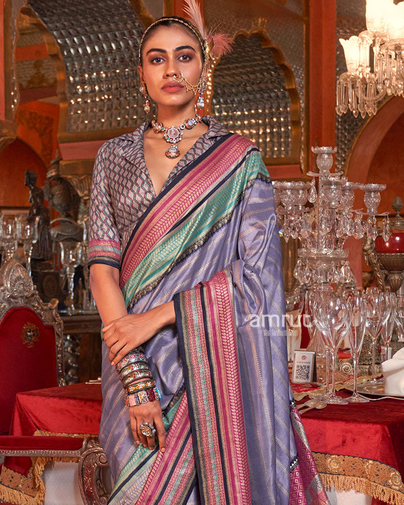 Light Grayish Purple Kanjivaram Silk Saree with Unstitched Blouse 02