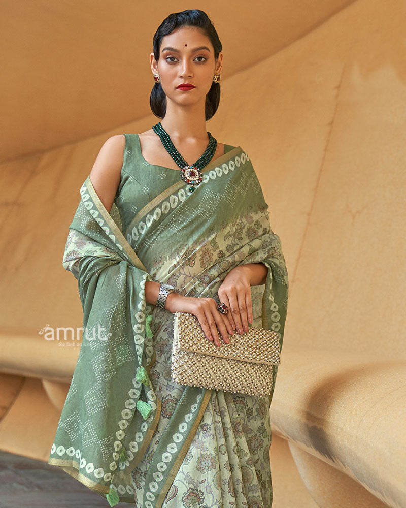 Light Green Floral Printed Cotton Saree with Unstitched Blouse 02