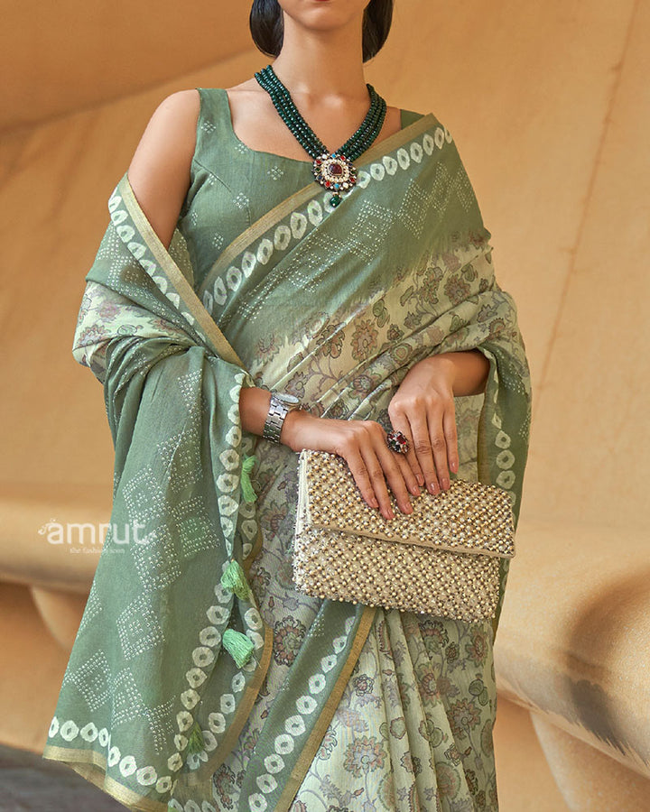 Light Green Floral Printed Cotton Saree with Unstitched Blouse 03