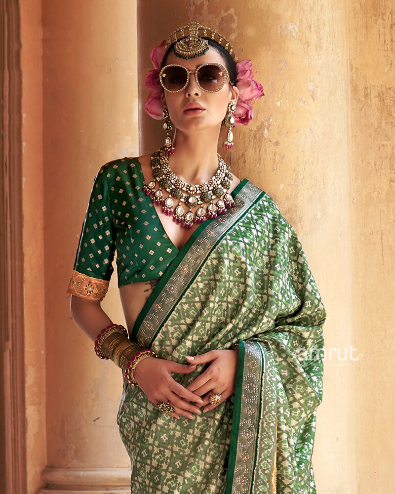 Light Green Patola Silk Saree with Embellished Border and Unstitched Blouse 02