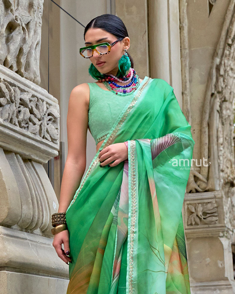 Light Green and Yellow Saree with Embellished Border and Unstitched Blouse 02