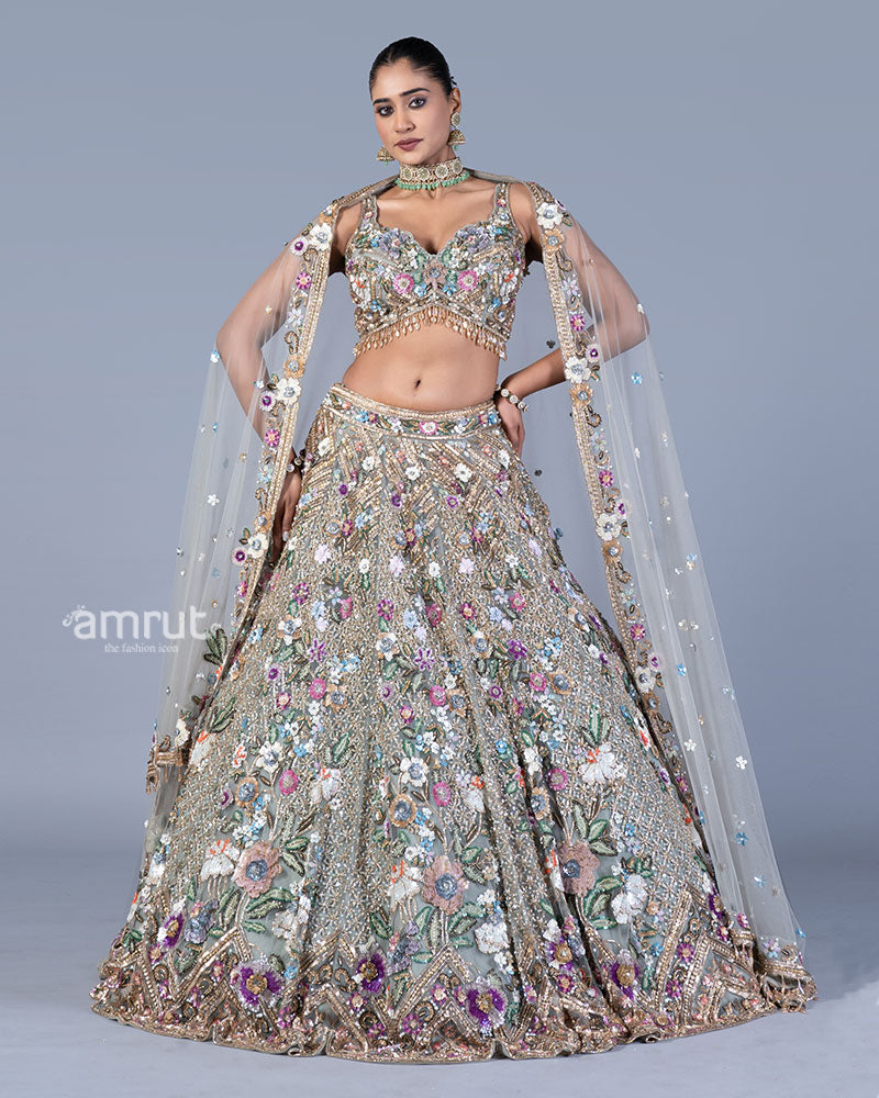 Light Grey Embellished Lehenga Choli Set with Net Dupatta 01