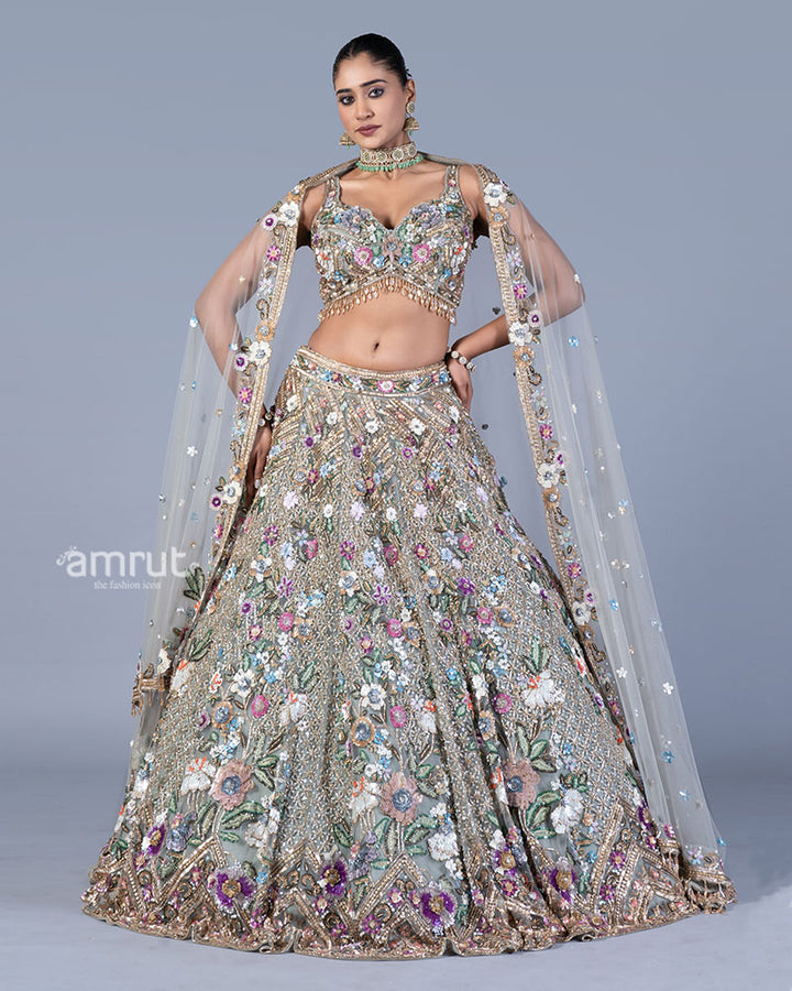 Light Grey Embellished Lehenga Choli Set with Net Dupatta 01