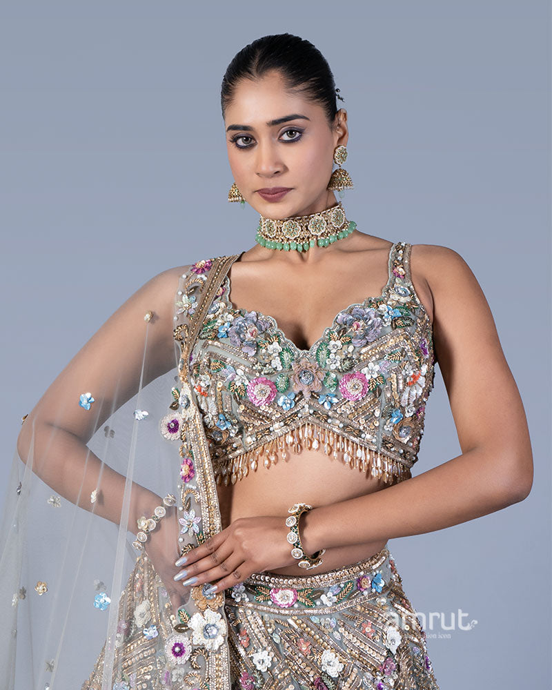 Light Grey Embellished Lehenga Choli Set with Net Dupatta 02
