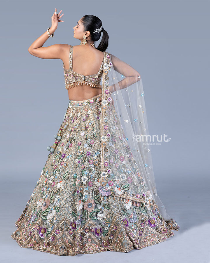 Light Grey Embellished Lehenga Choli Set with Net Dupatta 04