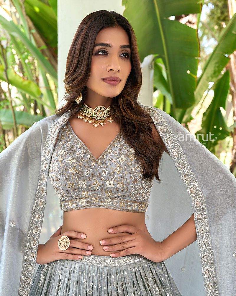Light Grey Embroidery Embellished Lehenga Choli with Dupatta 02