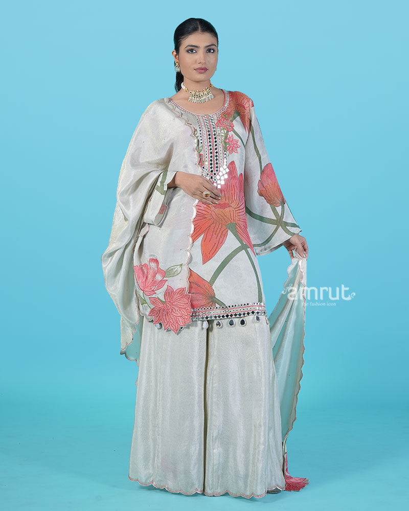 Light Grey Floral Print with Mirror and Bead Embellishments Salwar Kameez 01