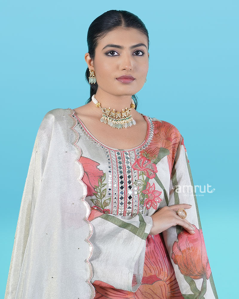 Light Grey Floral Print with Mirror and Bead Embellishments Salwar Kameez 02