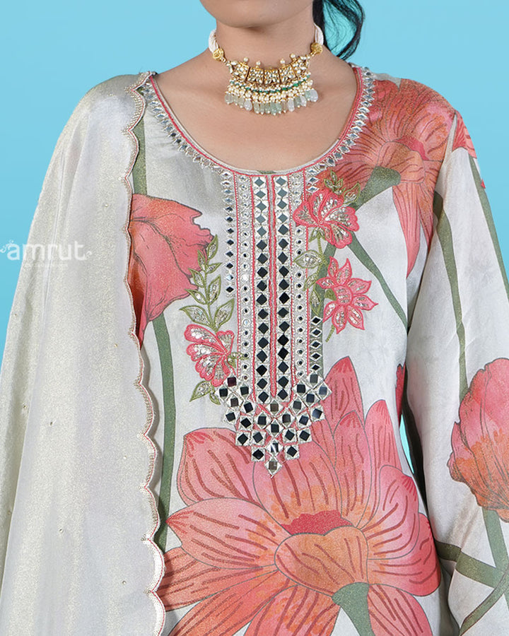 Light Grey Floral Print with Mirror and Bead Embellishments Salwar Kameez 03