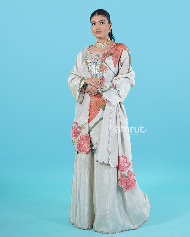 Light Grey Floral Print with Mirror and Bead Embellishments Salwar Kameez 04