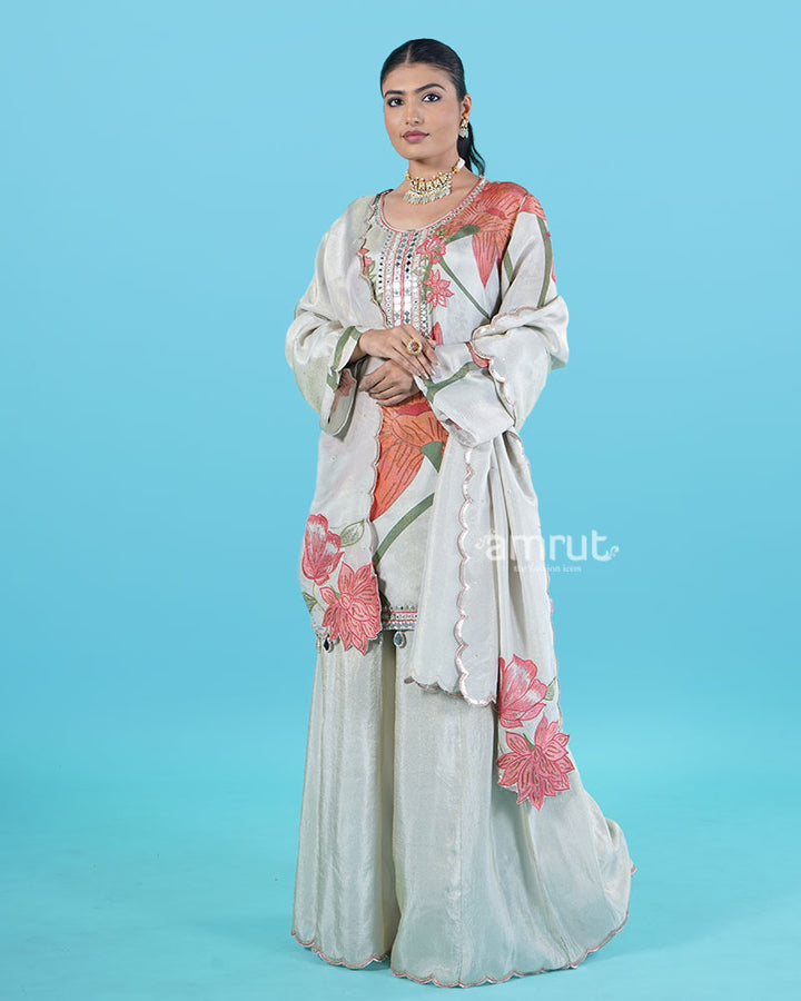 Light Grey Floral Print with Mirror and Bead Embellishments Salwar Kameez 04