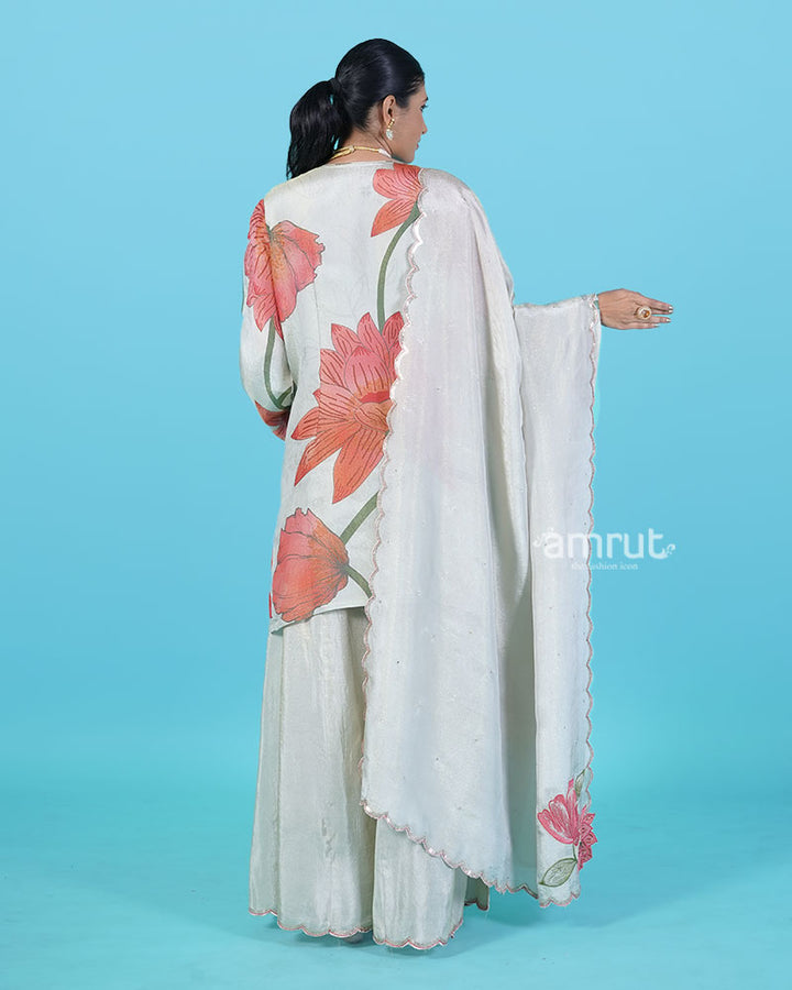 Light Grey Floral Print with Mirror and Bead Embellishments Salwar Kameez 05