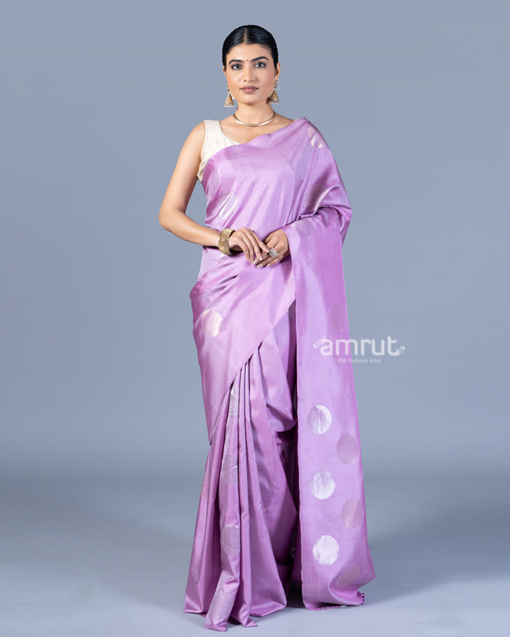 Light Lavender-Purple with Silver Zari Circular Patterns Silk Saree with Unstitched Blouse 01
