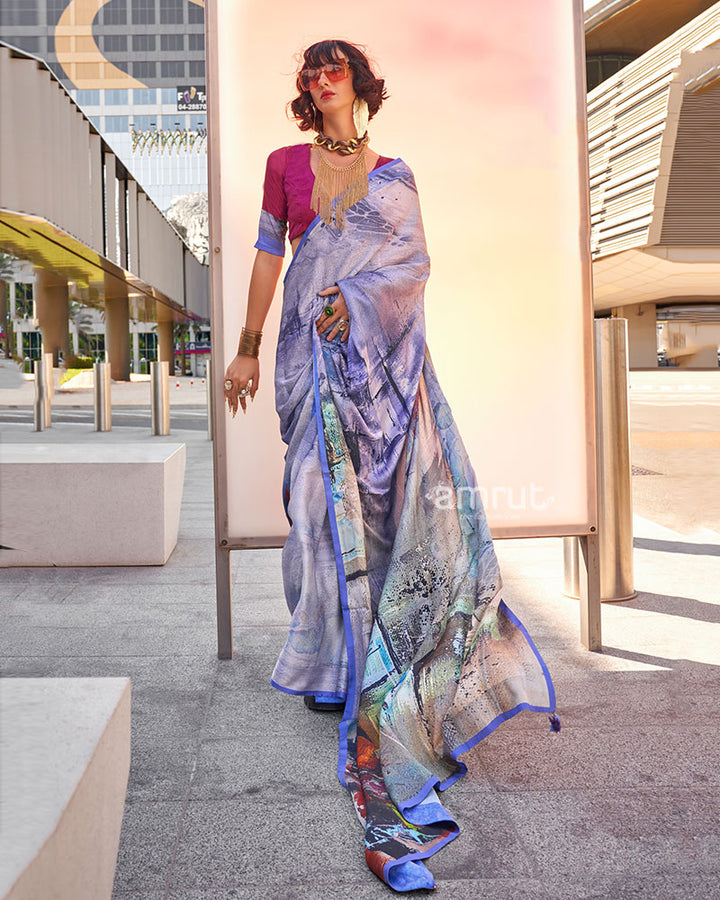 Light Lavender Digital Print Satin Saree with Unstitched Blouse 01