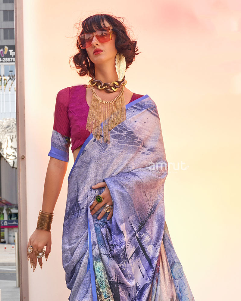 Light Lavender Digital Print Satin Saree with Unstitched Blouse 02