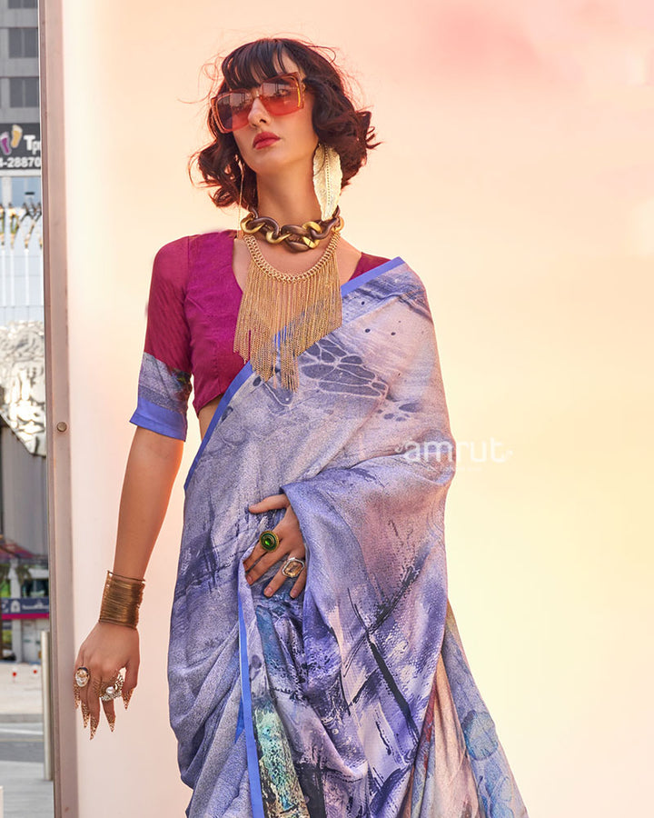 Light Lavender Digital Print Satin Saree with Unstitched Blouse 02