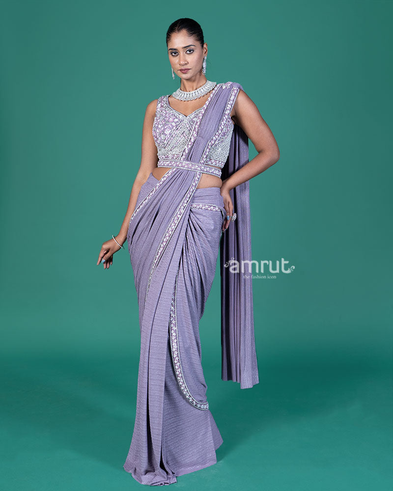 Light Lavender Ready-to-Wear Saree with Embellished V-Neck Blouse 01