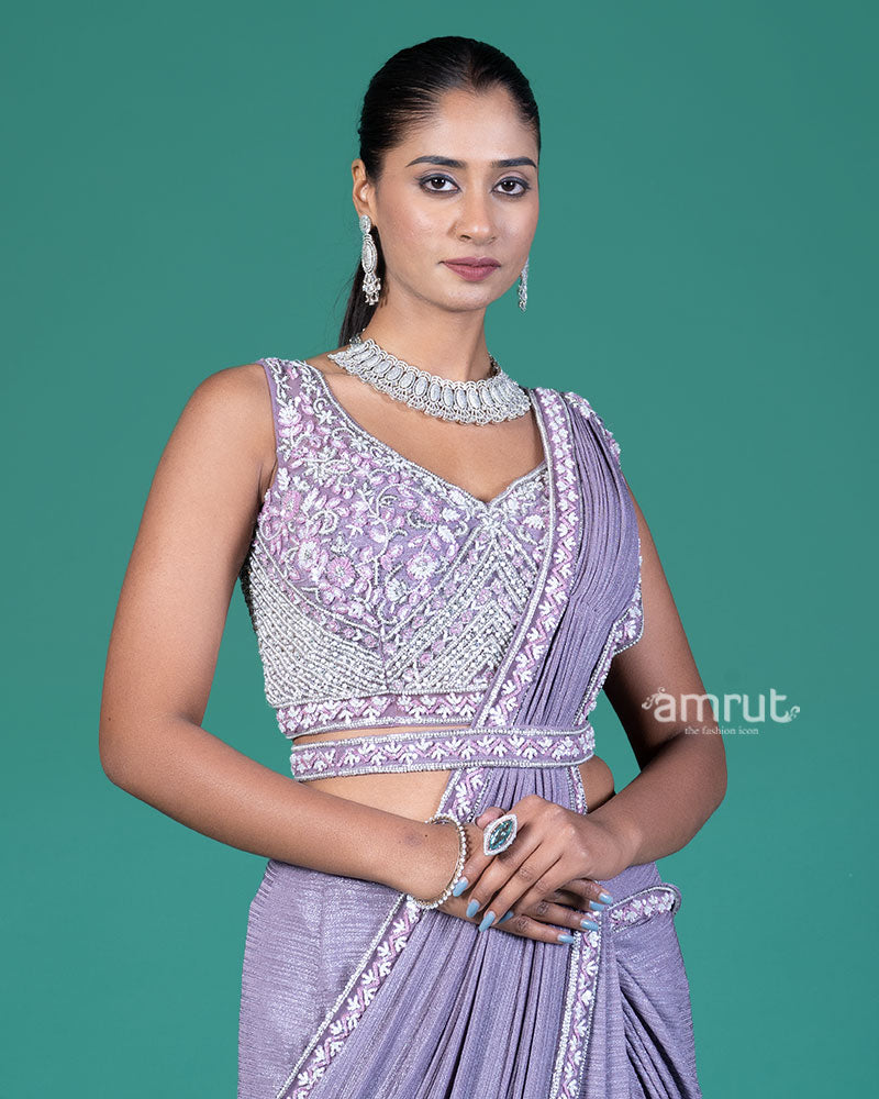 Light Lavender Ready-to-Wear Saree with Embellished V-Neck Blouse 02