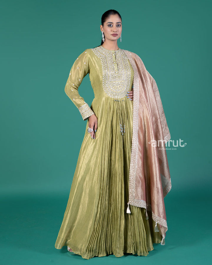 Light Lime-Green Embellished Anarkali Suit with Dusty Rose Dupatta 01