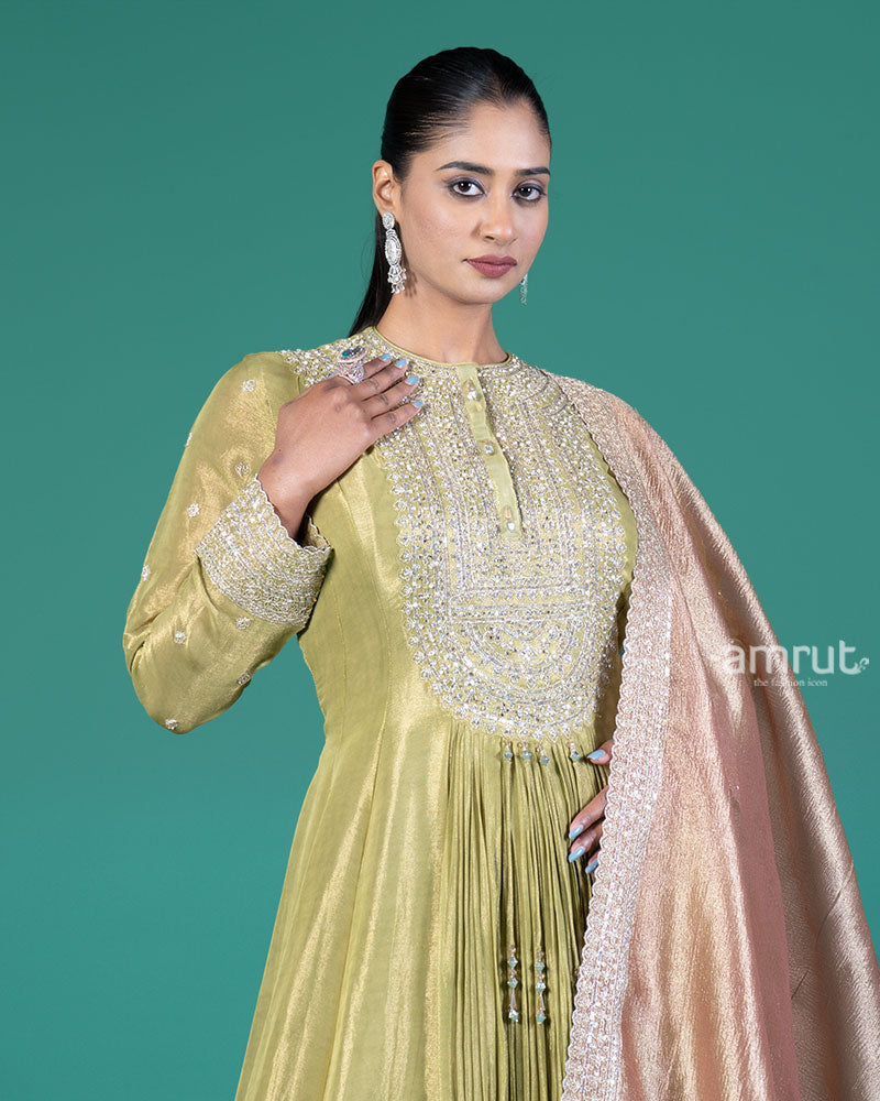 Light Lime-Green Embellished Anarkali Suit with Dusty Rose Dupatta 02