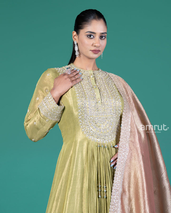 Light Lime-Green Embellished Anarkali Suit with Dusty Rose Dupatta 02