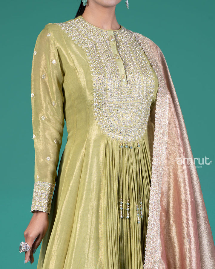 Light Lime-Green Embellished Anarkali Suit with Dusty Rose Dupatta 03