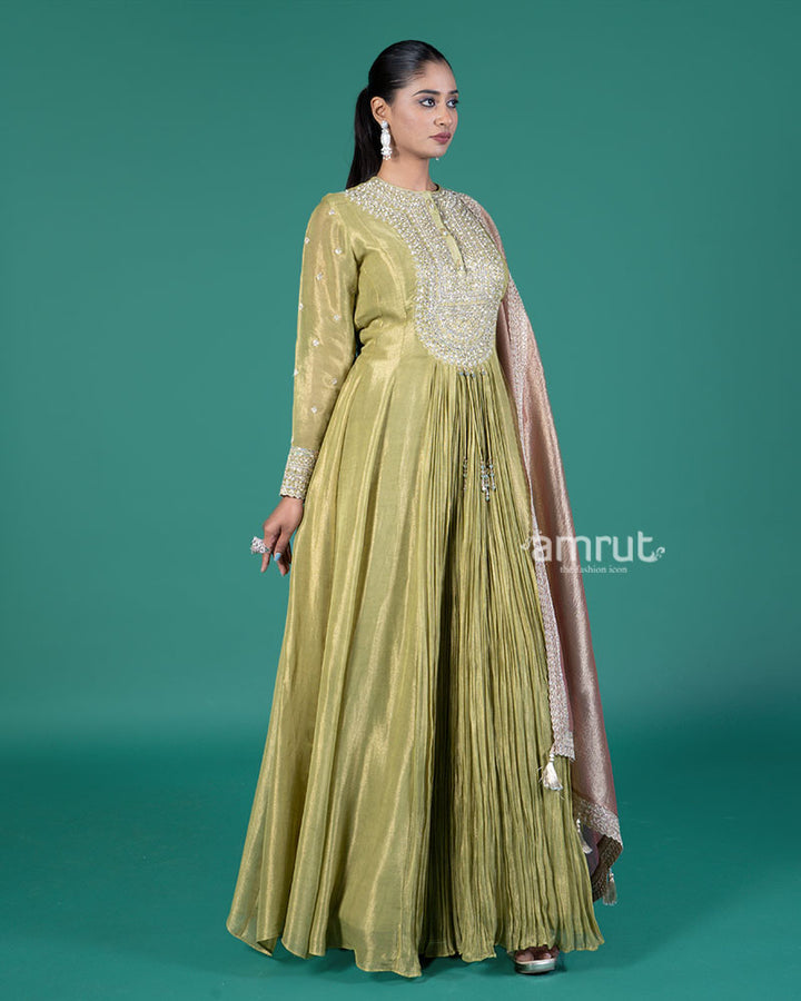 Light Lime-Green Embellished Anarkali Suit with Dusty Rose Dupatta 04