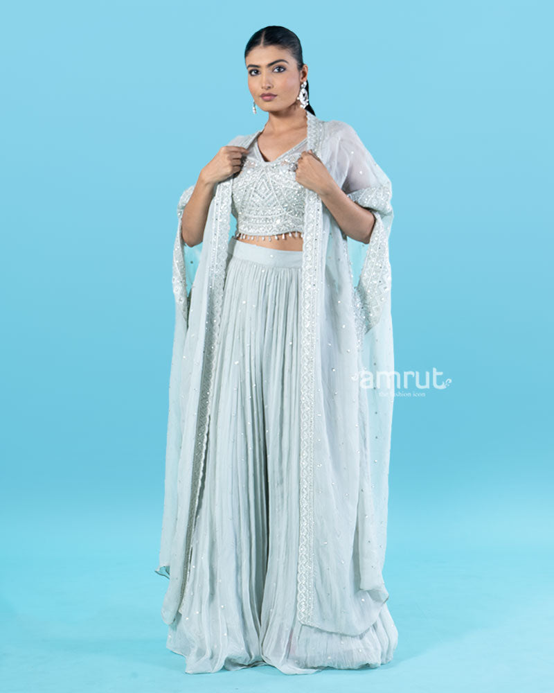 Light Mint Green Embroidered Mirror Bead Crop Top with Sequin Palazzo Pants and Cape 01