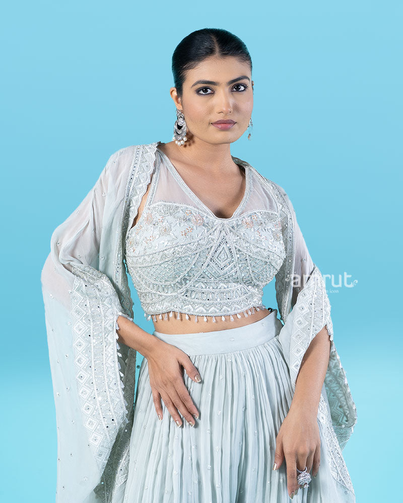 Light Mint Green Embroidered Mirror Bead Crop Top with Sequin Palazzo Pants and Cape 02