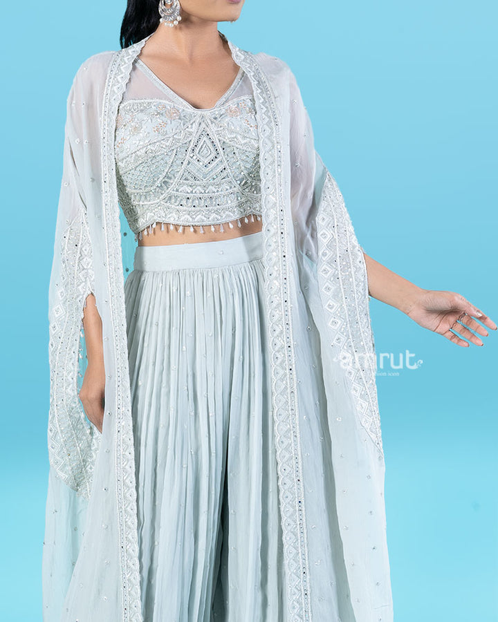 Light Mint Green Embroidered Mirror Bead Crop Top with Sequin Palazzo Pants and Cape 04