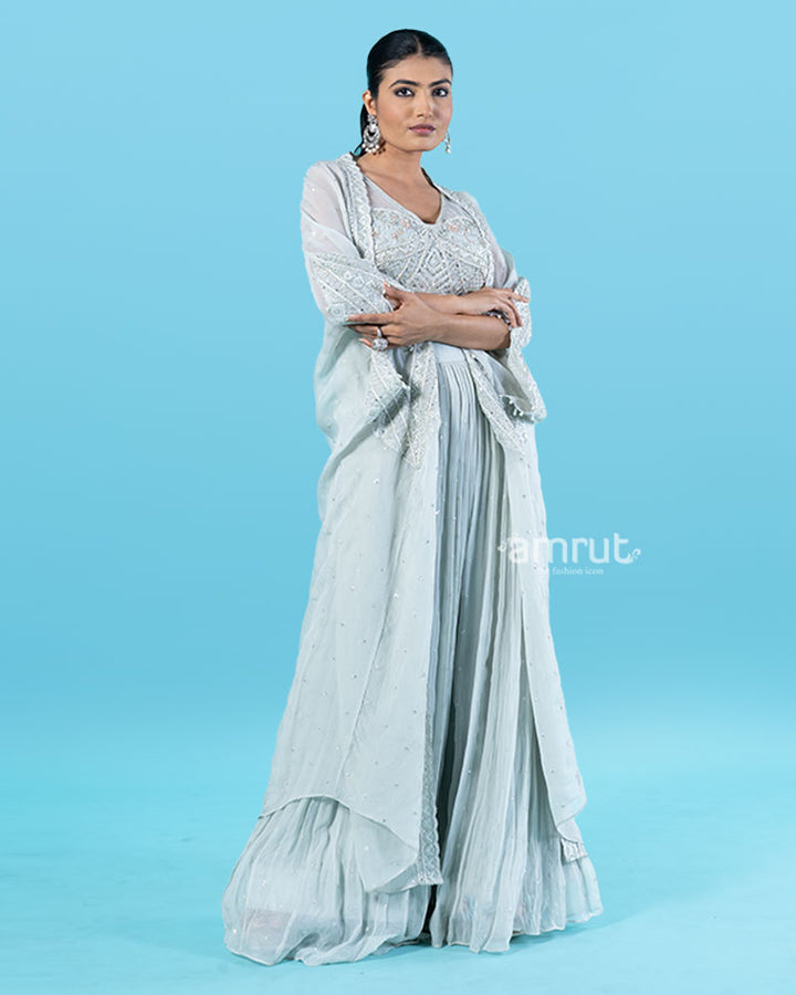 Light Mint Green Embroidered Mirror Bead Crop Top with Sequin Palazzo Pants and Cape 05