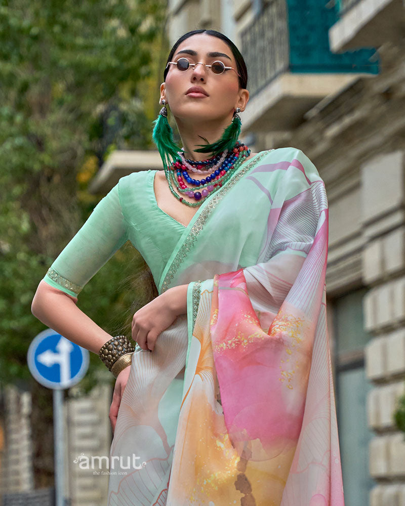 Light Mint Green Saree with Vibrant Floral Bouquet Print and Unstitched Blouse 02