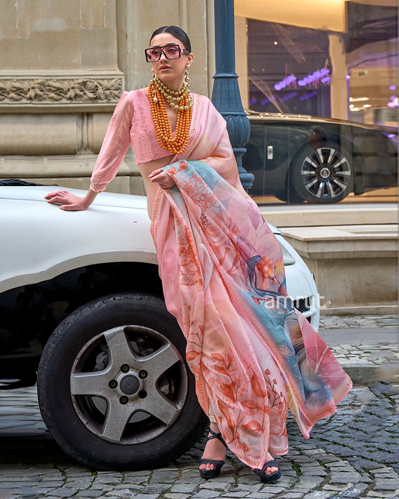 Light Peach Printed Saree with Embellished Border and Unstitched Blouse 01