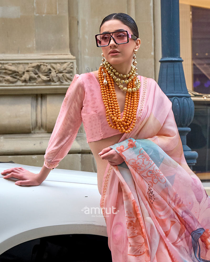 Light Peach Printed Saree with Embellished Border and Unstitched Blouse 02