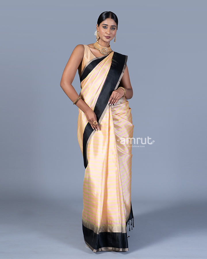 Light Peach with Black Borders and Striped Pattern Saree with Unstitched Blouse 01