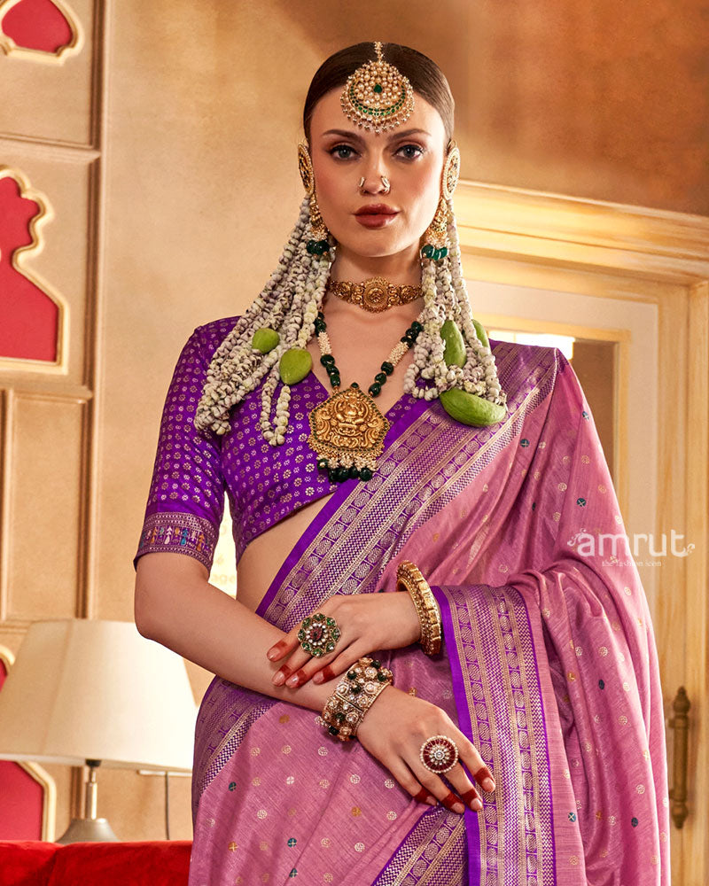 Light Pink and Purple Foil Printed Patola Saree with Unstitched Blouse 02