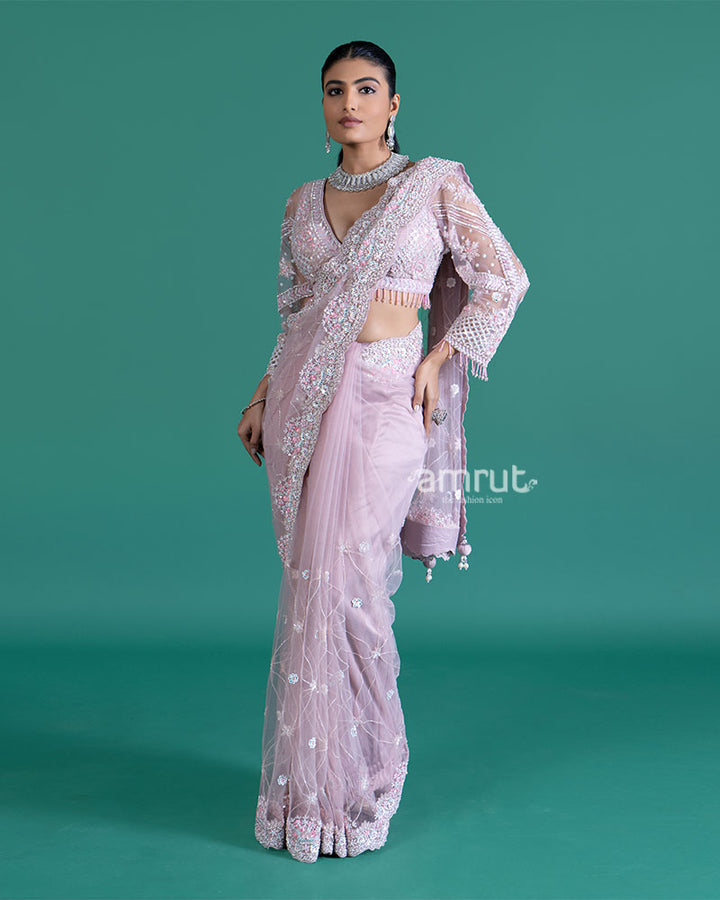 Light Purple Embellished Net Saree with Heavily Embroidered Blouse01