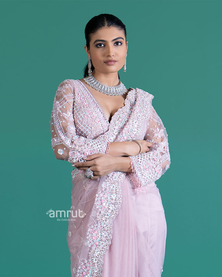 Light Purple Embellished Net Saree with Heavily Embroidered Blouse02