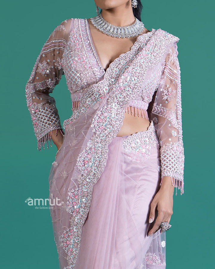 Light Purple Embellished Net Saree with Heavily Embroidered Blouse03