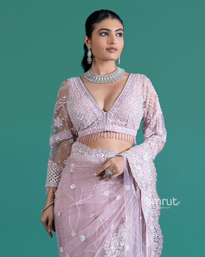 Light Purple Embellished Net Saree with Heavily Embroidered Blouse04