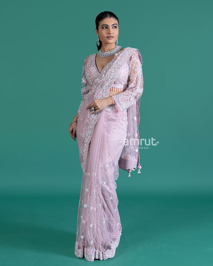 Light Purple Embellished Net Saree with Heavily Embroidered Blouse05