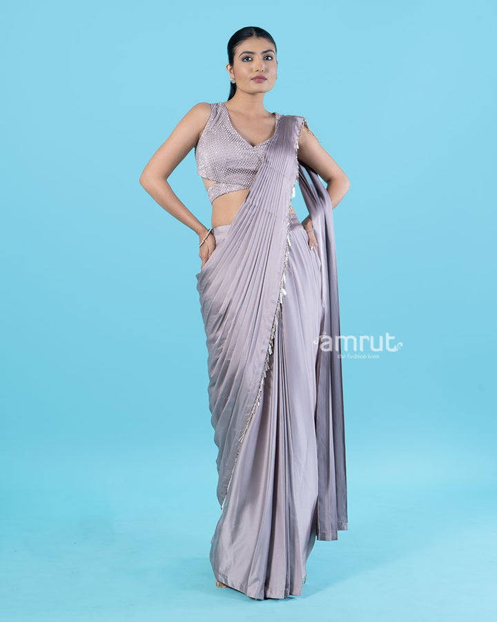 Light Purple Ready-to-Wear Saree with Beaded Fringe Border and Sequined Blouse 01