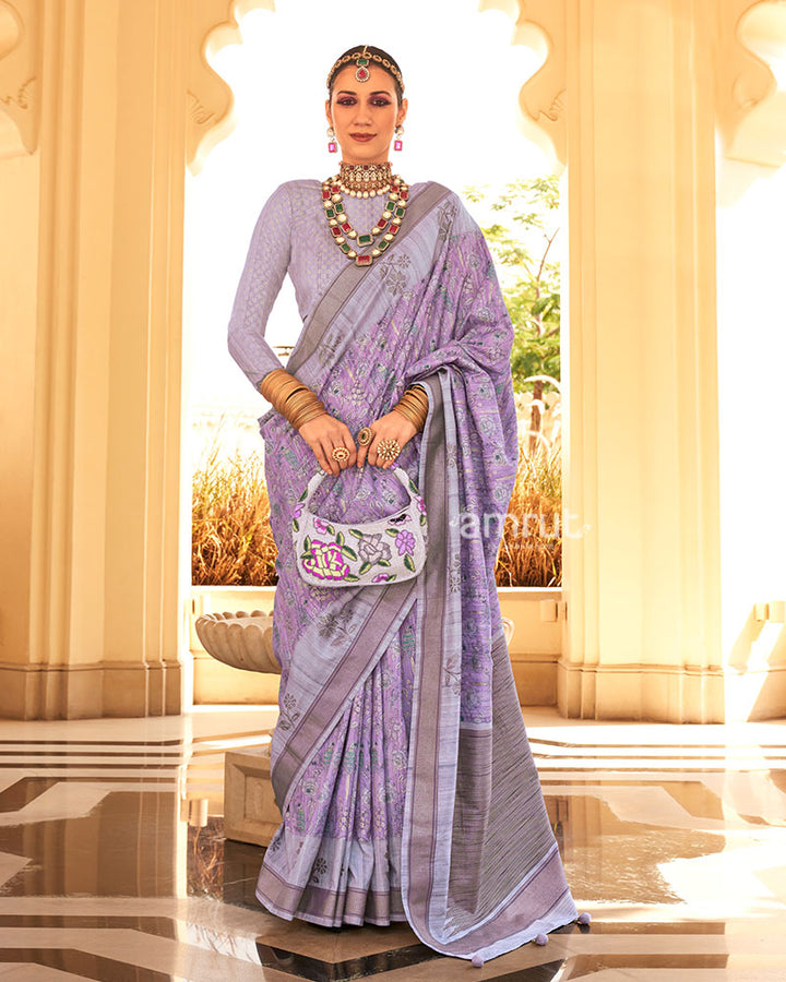 Light Purple with Brown Border Printed Saree and Unstitched Blouse 01