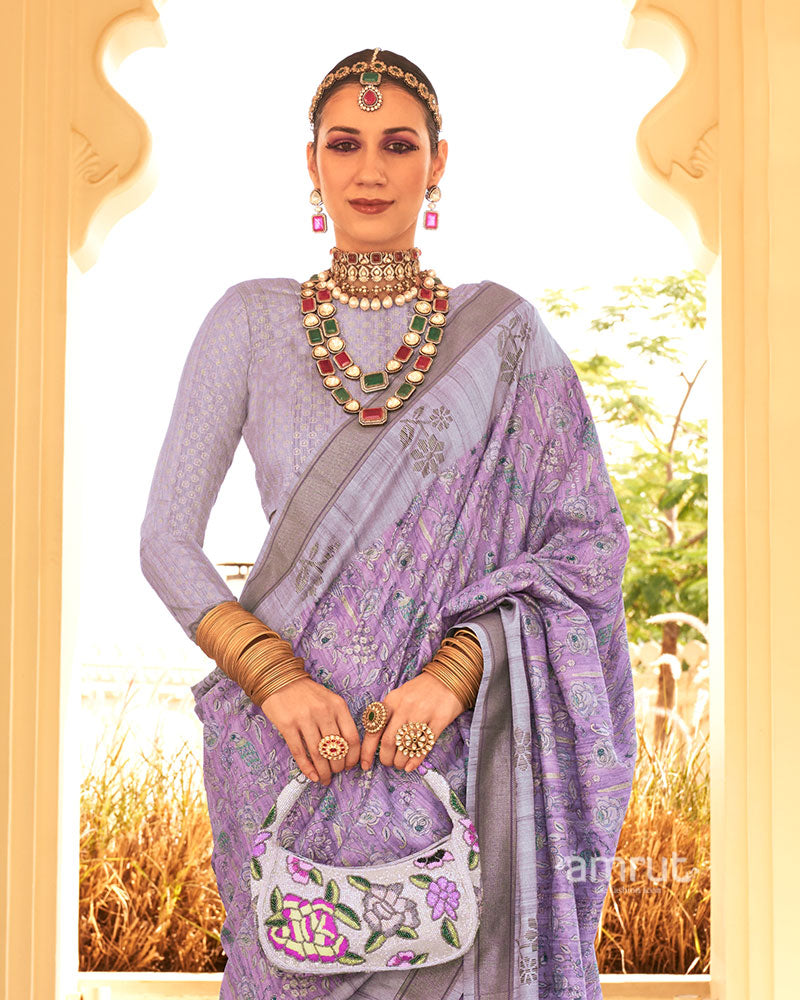 Light Purple with Brown Border Printed Saree and Unstitched Blouse 02