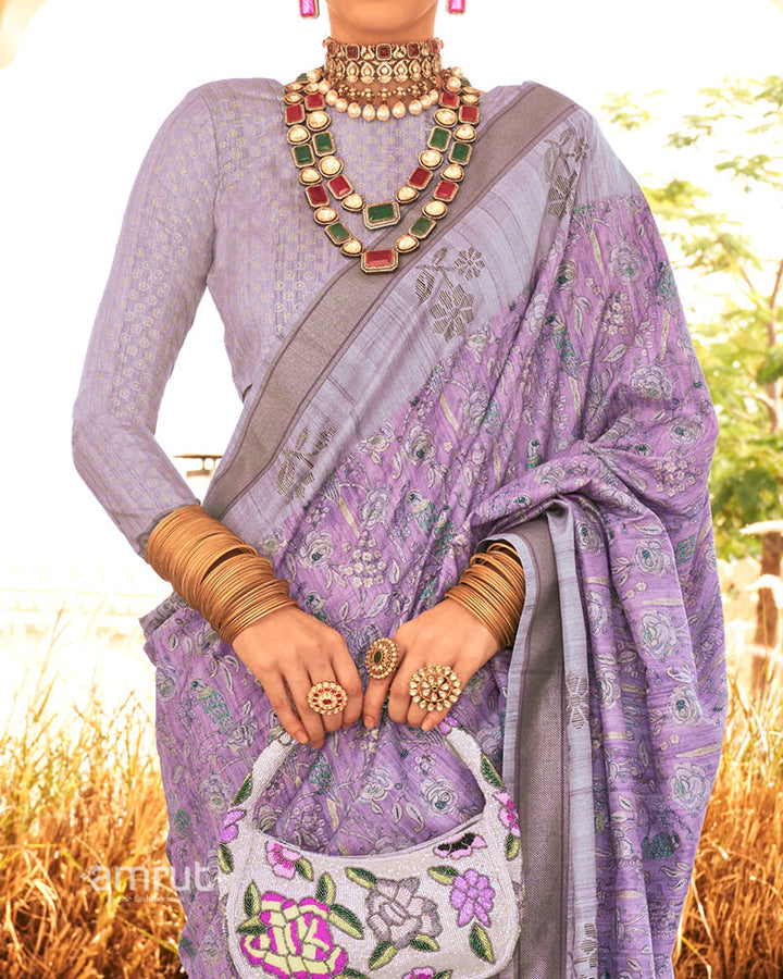 Light Purple with Brown Border Printed Saree and Unstitched Blouse 03