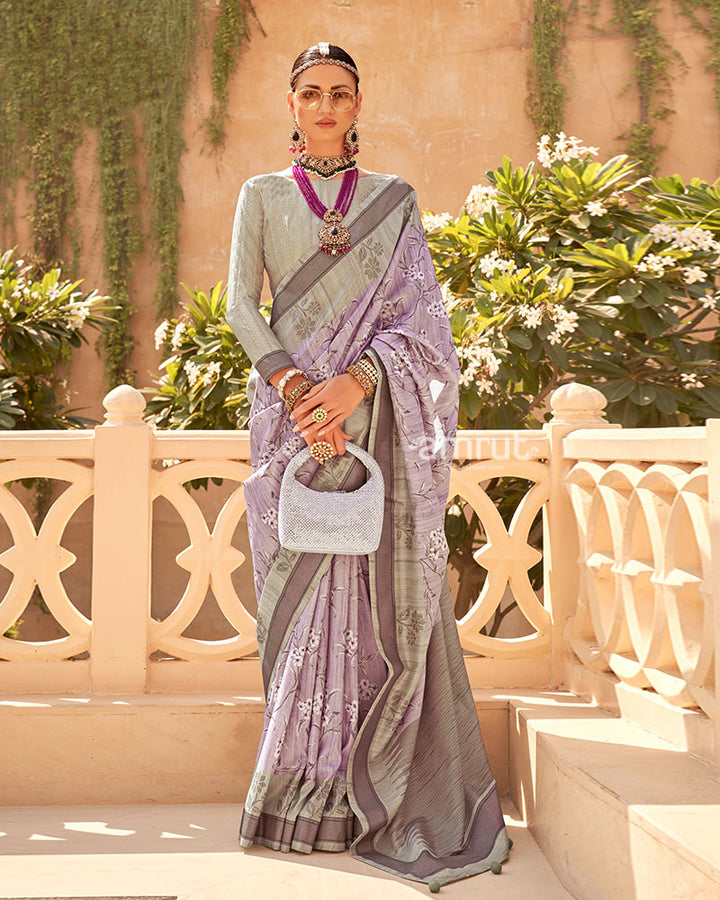 Light Purple with Light Brown Border Printed Saree and Unstitched Blouse 01