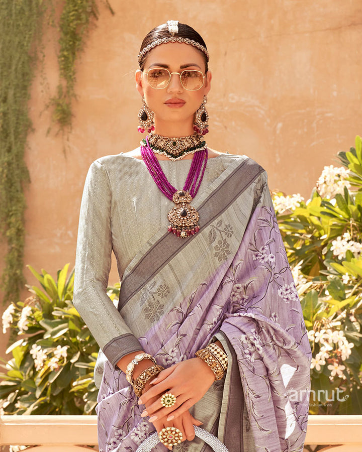 Light Purple with Light Brown Border Printed Saree and Unstitched Blouse 02