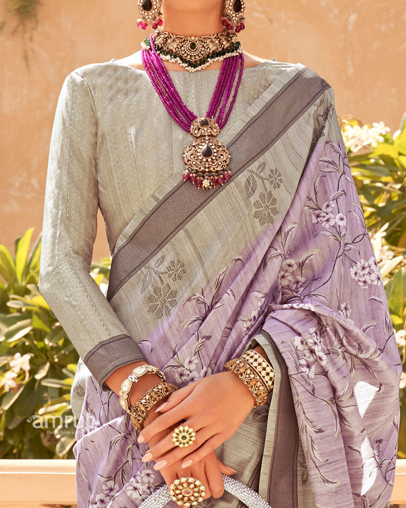 Light Purple with Light Brown Border Printed Saree and Unstitched Blouse 03